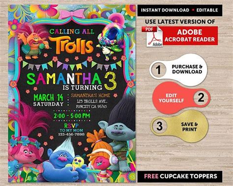 Trolls Invitation Instant Download, Trolls Birthday Invitation Digital ...