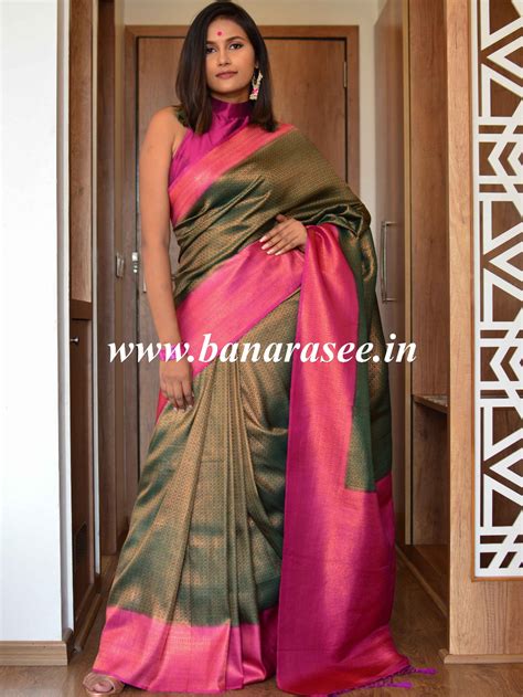 Banarasee Kubera Pattu Soft Silk Saree With Copper Zari Work Green