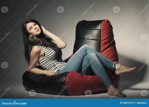 Beautiful Girl Lying On Beanbag Stock Image Image Of High Face 30813519