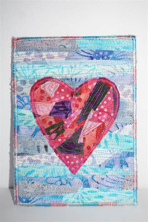 Handmade Quilted Postcard Valentine Postcard Fabric Collage Textile