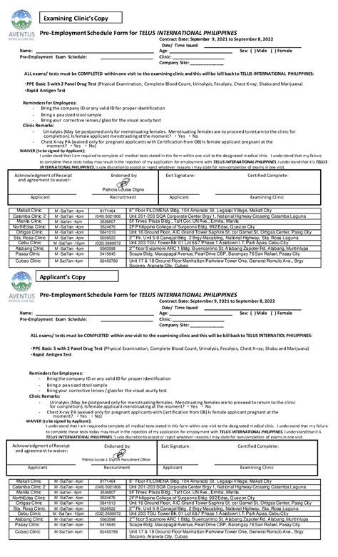 Telus PPE FORM Medical Slip Examining Clinics Copy Pre Employment