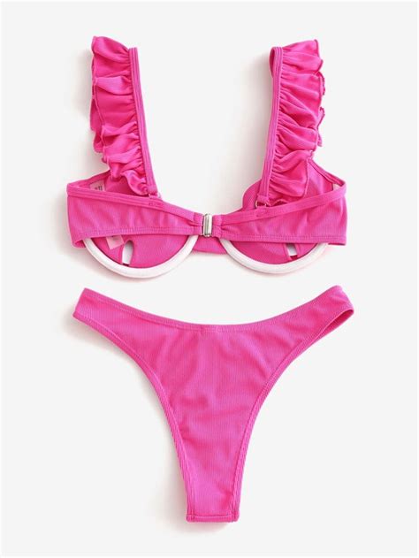 Shein Swim Mod Conjunto De Bikini Acanalado Sujetador Con Aros Con