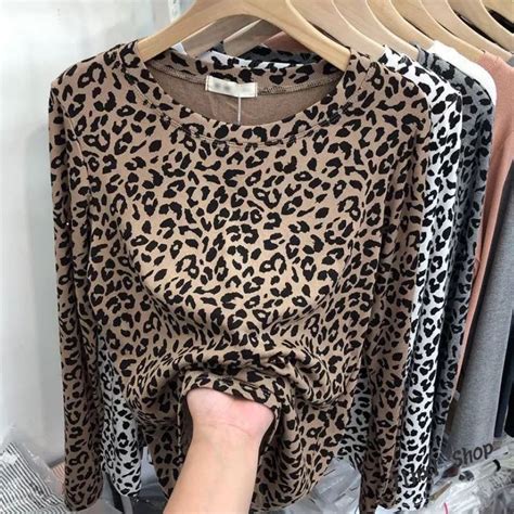 Long Sleeve Leopard Print T Shirt Women Korean Version Slim Tops