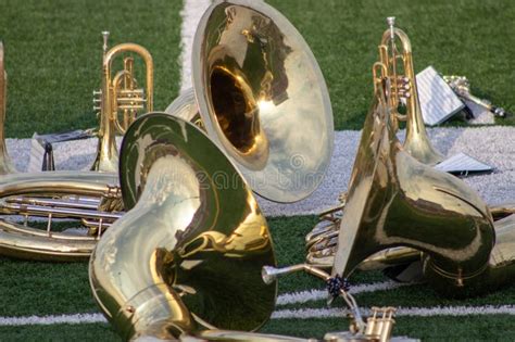 High School Band Instruments Up Close on Foot Ball Stock Photo - Image ...