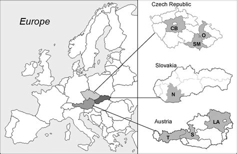 Map of the Czech Republic, Slovakia and Austria showing the sampled... | Download Scientific Diagram