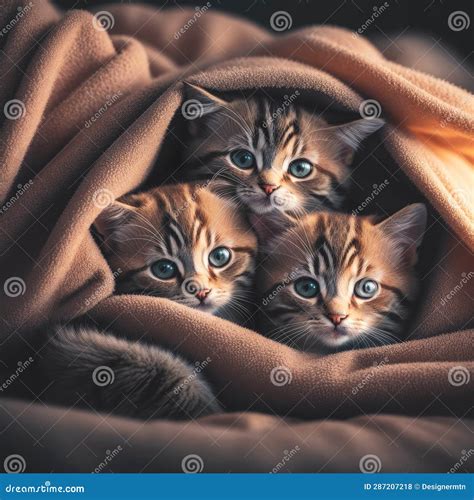 A Group Of Cute Kittens Hugging Each Other In A Cozy Blanket Stock