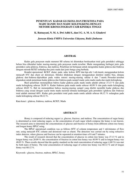 SOLUTION Jurnal Penentuan Kadar Glukosa Dan Fruktosa Pada Madu Randu