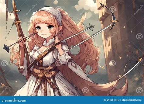 Anime Archer Girl Medieval Themed Bow And Arrow Warrior Woman Stock