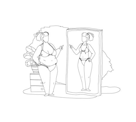 Premium Vector Fat Chubby Woman Looking At Mirror Seeing Slim Beauty