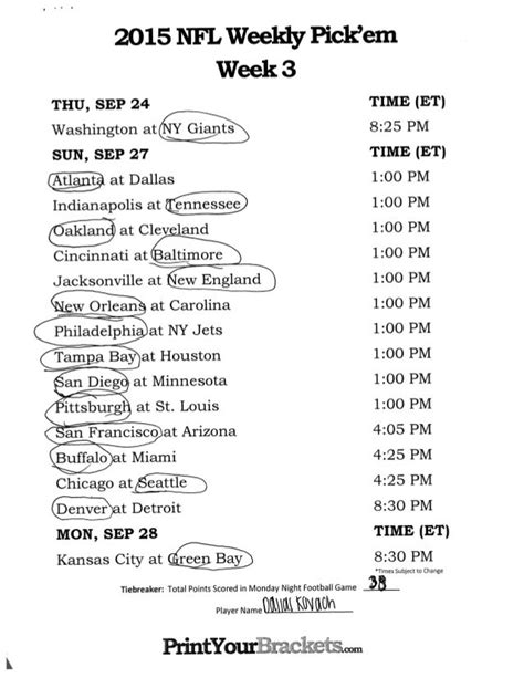 Nfl Week 3 Spreads Printable