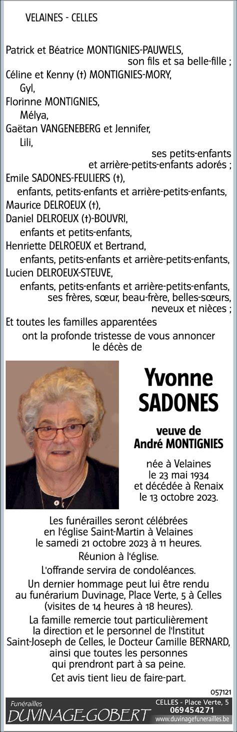 Avis De Décès De Yvonne Sadones Décédé Le 13 10 2023 à Renaix Annonce