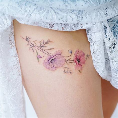 Watercolor Poppy Flowers Tattoo On The Thigh Idee Per Tatuaggi