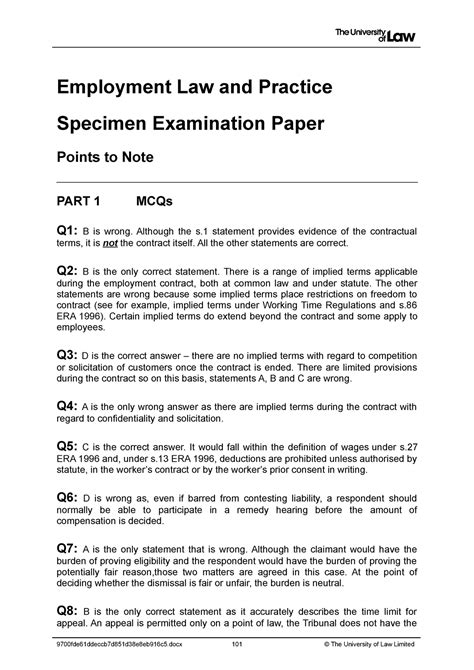 Emp Ce Specimen Assessment Sample Answer Employment Law And