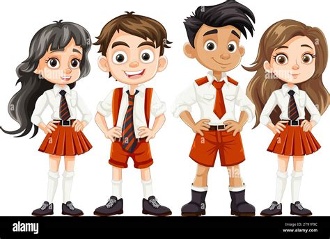 Illustration of a diverse group of friends in school uniforms Stock ...