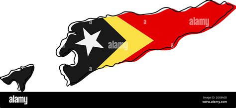 Stylized outline map of East Timor with national flag icon. Flag color ...