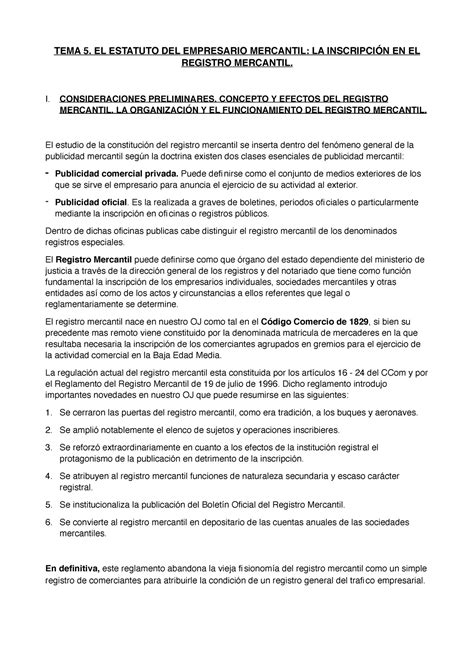 TEMA 5 EL ESTATUTO DEL EMPRESARIO MERCANTIL LA INSCRIPCIÓN EN EL