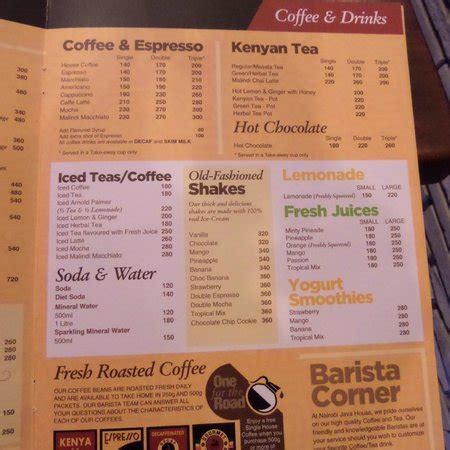 Menu - Picture of Nairobi Java House, Mombasa Kenya, Mombasa - TripAdvisor