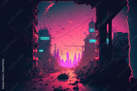 Ruined Cyberpunk Post Apocalyptic City Digital Painting Illustration Of