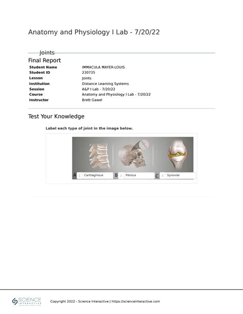 Anatomyand Physiology ILab 72022 Joints 230735 Student Name IMMACULA