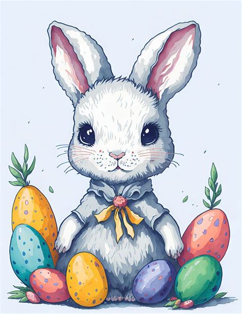 Watercolor Spring Illustrated Postcard Of Cute Bunny With Easter Eggs