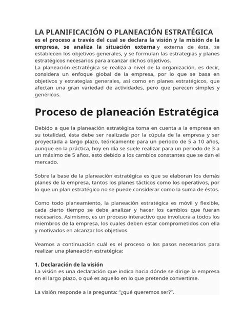 Procesos De La Planificacion Estratégica Pdf Planificación