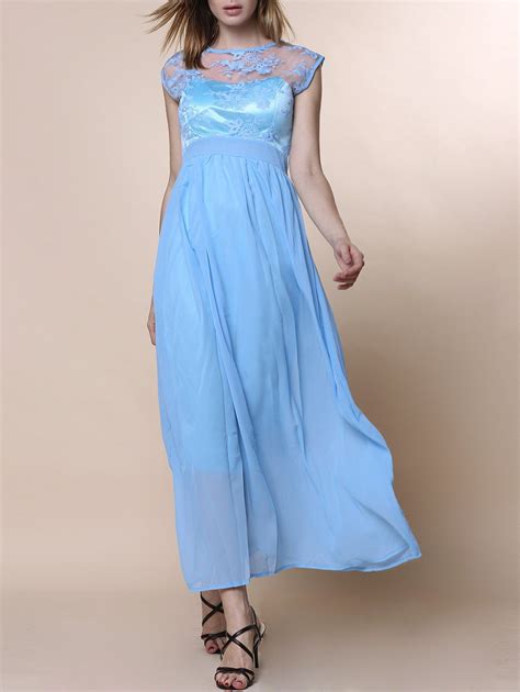 Elegant Solid Color Hollow Out Lace Spliced Sleeveless Maxi Dress For