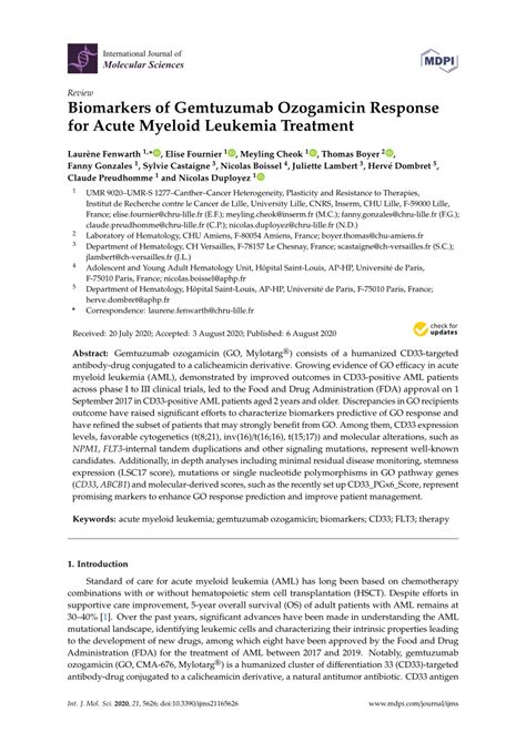 (PDF) Biomarkers of Gemtuzumab Ozogamicin Response for Acute Myeloid Leukemia Treatment