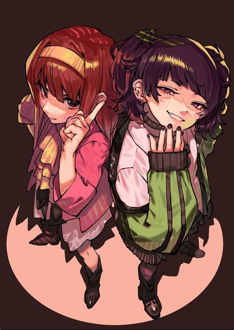 Safebooru 2girls Bangs Black Choker Black Nails Black Skirt Blunt Bangs Blush Boots Brown Eyes