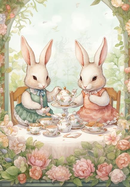 Premium Ai Image There Are Two Rabbits Sitting At A Table With Tea