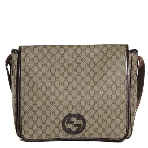 Gucci Gg Plus Monogram Large Interlocking G Flap Messenger Bag Beige Dark Brown 103806