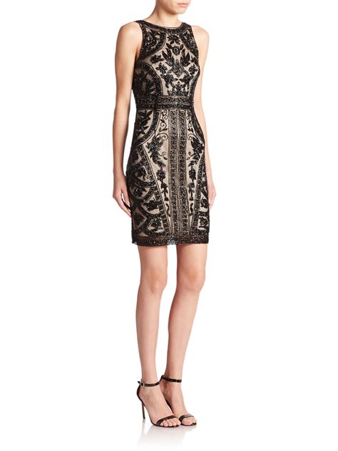 Theia Floral Beaded Cocktail Dress In Black Black Nude Lyst