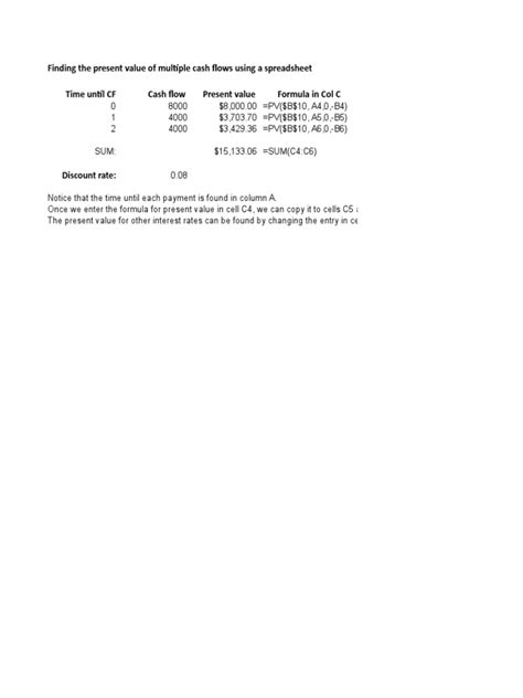 Finding The Present Value Of Multiple Cash Flows Using A Spreadsheet Time Until Cf Cash Flow