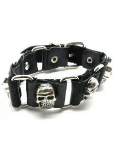 Bracelet Ajustable Homme Cuir Et T Te De Mort Frankenstein Acier Biker