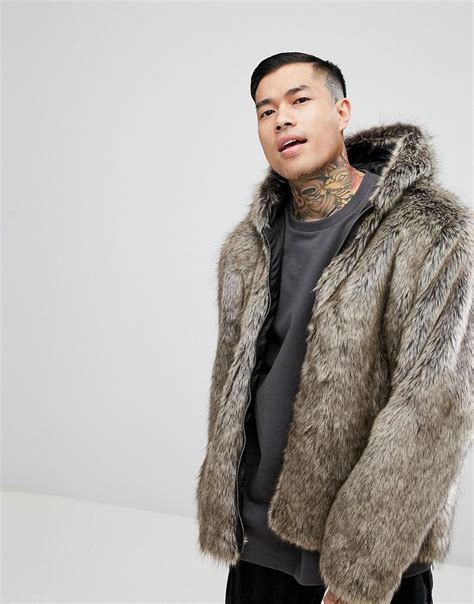 Lyst Asos Design Faux Fur Bomber With Hood In Stone For Men