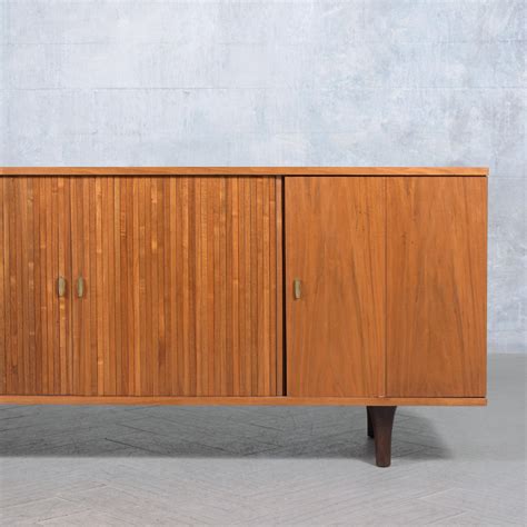 S Mid Century Modern Walnut Credenza With Tambour Doors And Storage