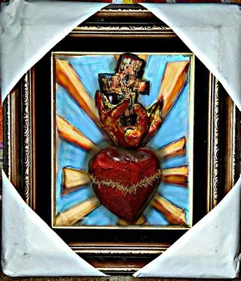 Paper Mache Sacred Heart In Wooden Gold Frame By Frank Ordonez Paper