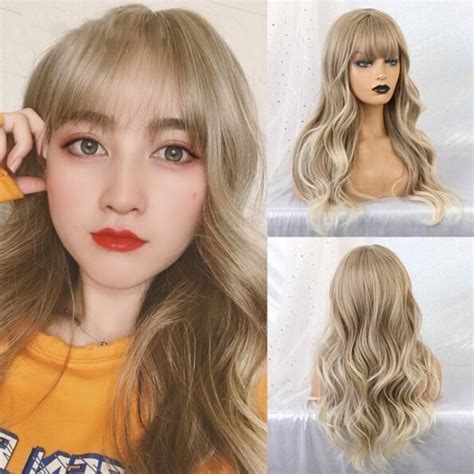 24 Inch Long Blonde Mix Brown Wig Synthetic Natural Wave Wig With Bangs