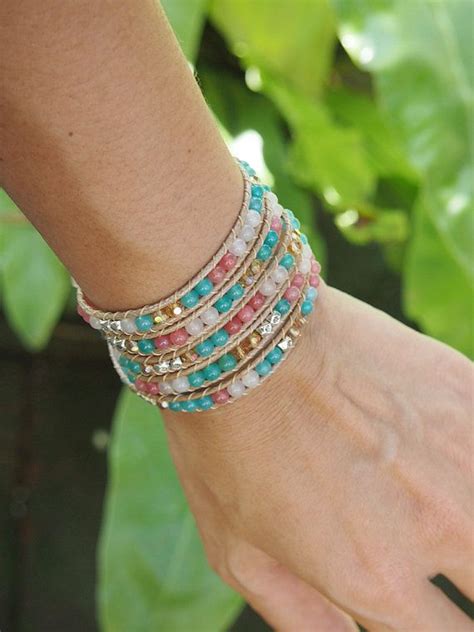 5 Times Wrap Bracelet Blue And Pink Stone Mix Boho Bracelet Bohemian