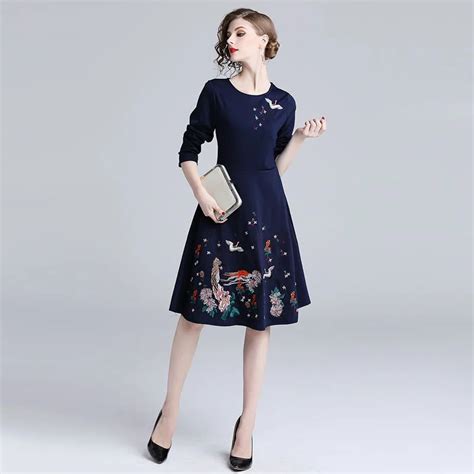 Autumn And Winter Womens 2018 New Navy Blue Dress Temperament Heavy