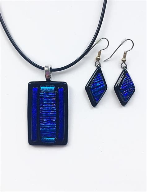 Dichroic Blue Fused Glass Jewelry Set Necklace Earrings Fused