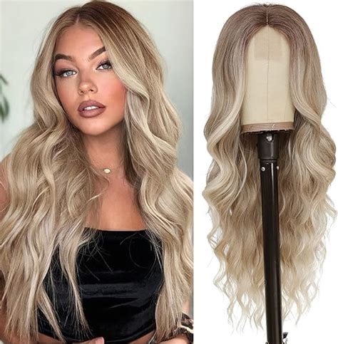 NAYOO Long Ombre Dirty Blonde Wavy Wig For Women 26 Inch Middle Part