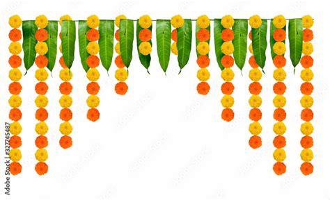 Indian flower garland of mango leaves and marigold flowers. Ugadi diwali ganesha festival poojas ...