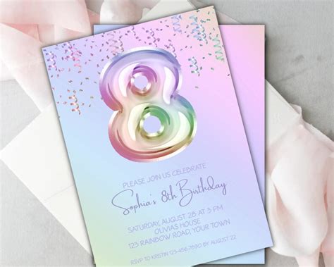 8th Birthday Invitation Editable Rainbow Holographic Girls Etsy