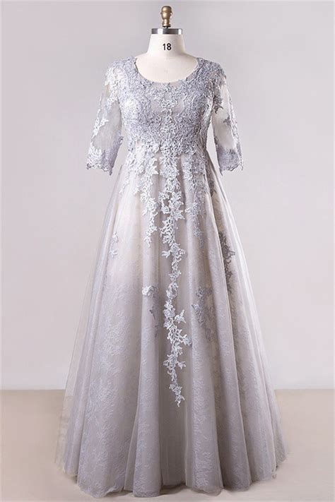 Modest A Line Scoop Neck Silver Lace Plus Size Prom Dress With Sleeves