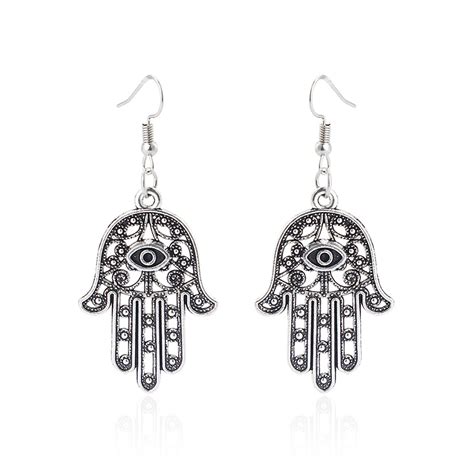 1pair Tibetan Silver Turkish Hamsa Hand Of Fatima Beads Eye Charms Drop