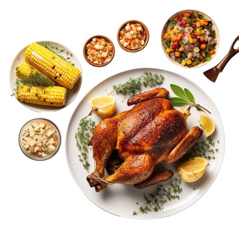 Top View Of Dishes For Thanksgiving With Roasted Chicken And Corn Food Flatlay Flat Lay Food