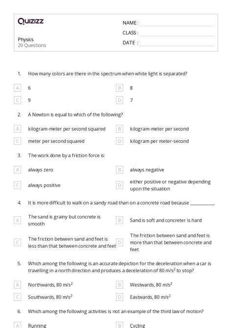 Physics Worksheets For Th Grade On Quizizz Free Printable