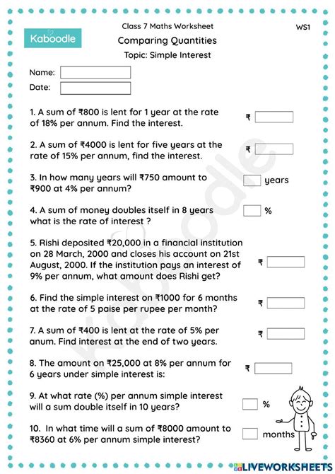 Comparing Quantities Simple Interest Exercise Live Worksheets