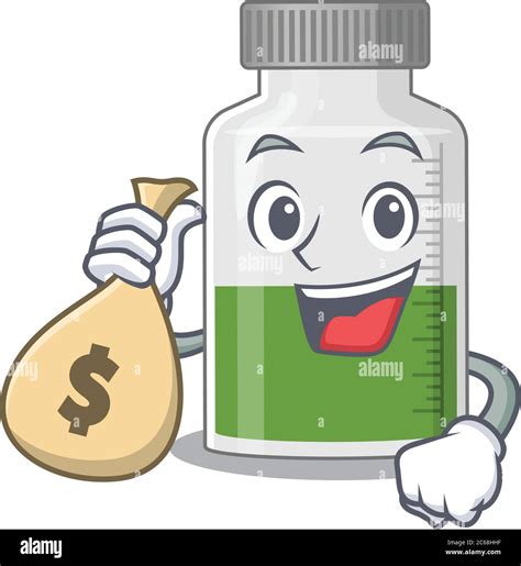 Crazy Rich Vitamin Syrup Mascot Design Having Money Bags Stock Vector