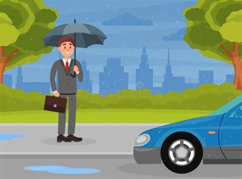 Man In Business Suit Under Umbrella Going To Work Outdoor In Autumn